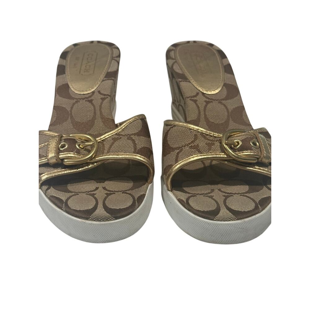 Coach Perry Signature Monogram Wedge Sandals – Gold & Khaki Canvas - Picture 6 of 10